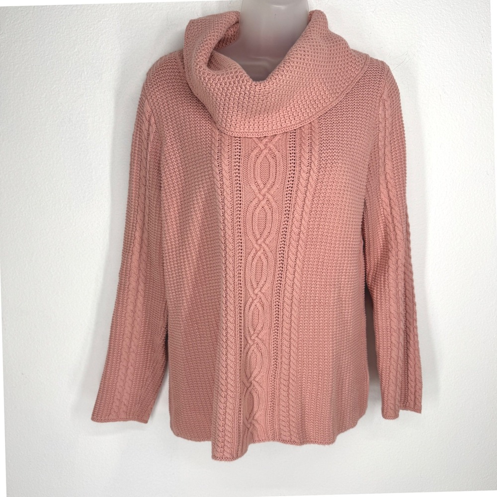 Pink Chunky Cable Knit Cowl Neck Sweater Womens M Cottagecore Preppy Fisherman